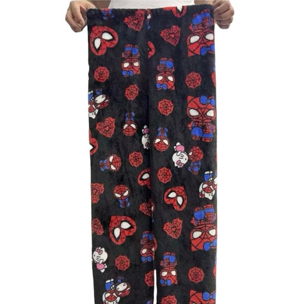 Black Hello Kitty x Spider Man Pyjamas Pajamas PJs Velvet Fleece Trousers Pants